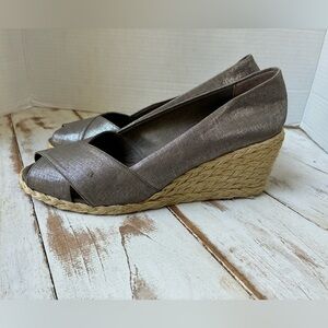 CECILIA Ralph Lauren pewter gray silk espadrille wedge peep toe summer sz 8 NWOT